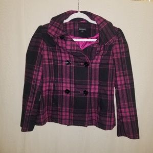 Girls Pink & Black Plaid Peacoat